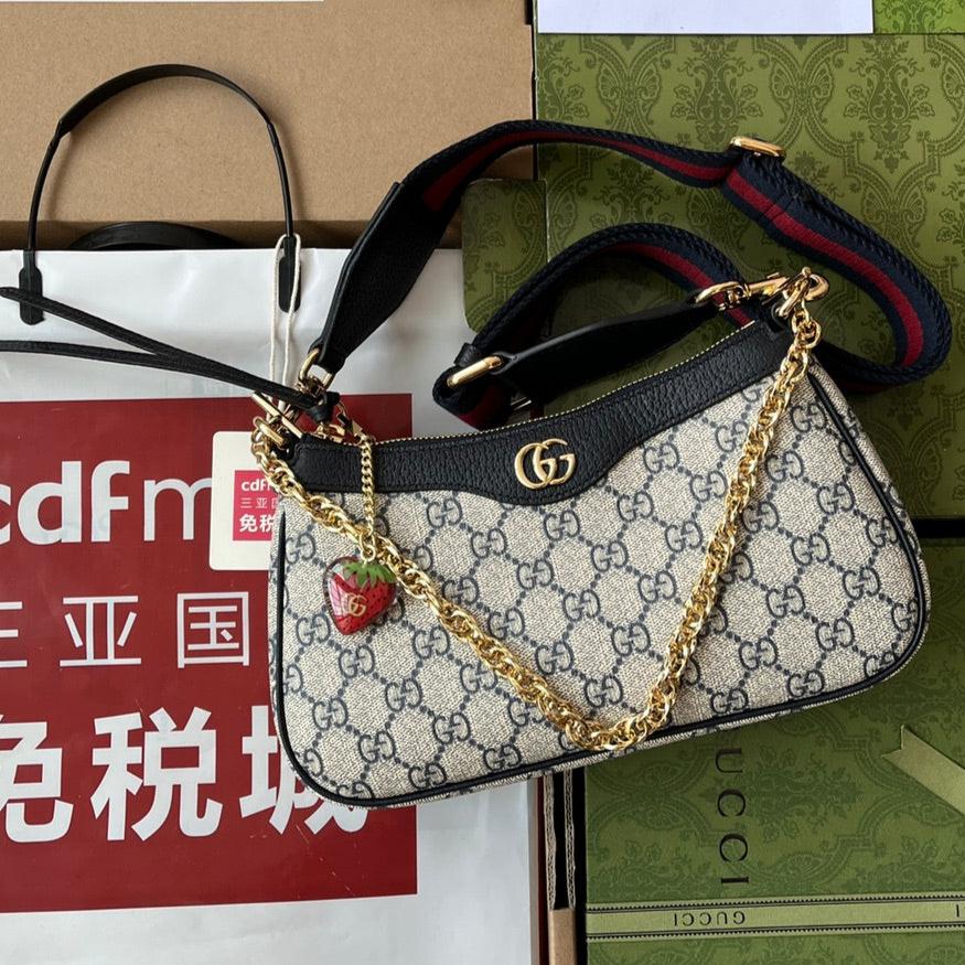 GUCCI OPHIDIA SMALL SHOULDER BAG 25 IN BEIGE CANVAS AND BLACK LAMBSKIN GOLD HARDWARE