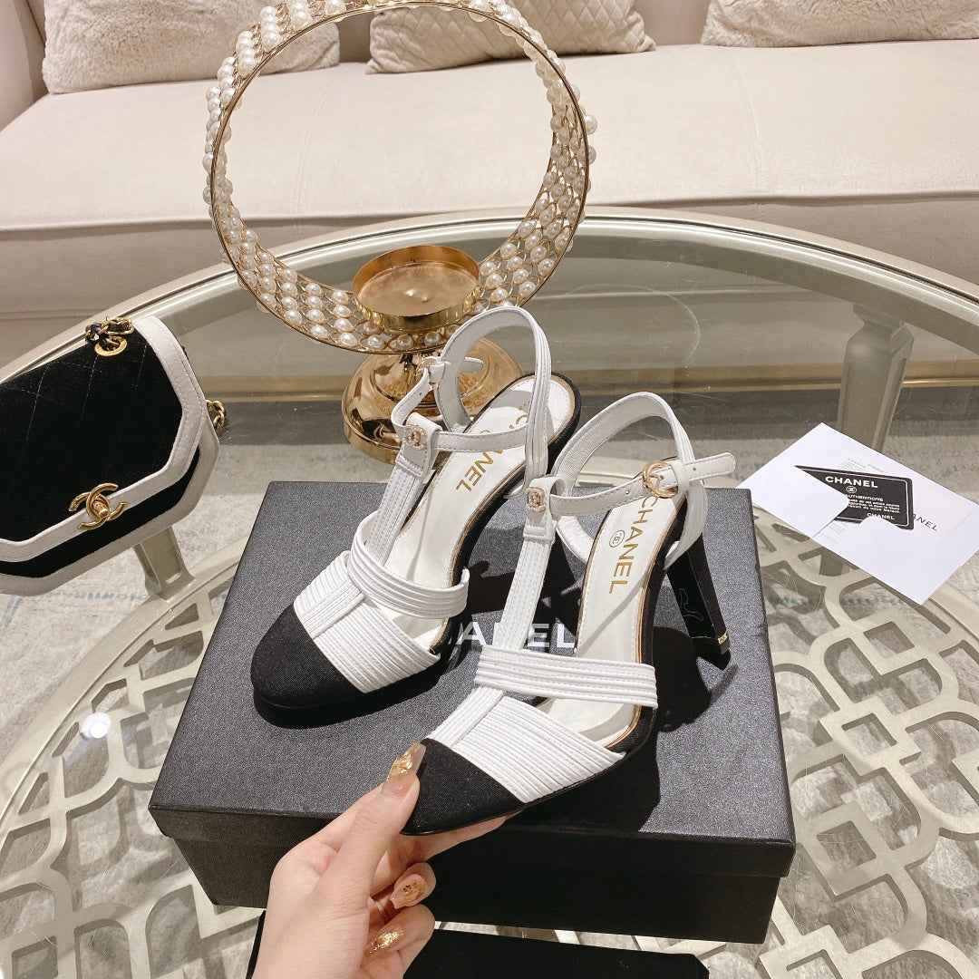 CHANEL Double C  Heeled Sandals White Black Lambskin