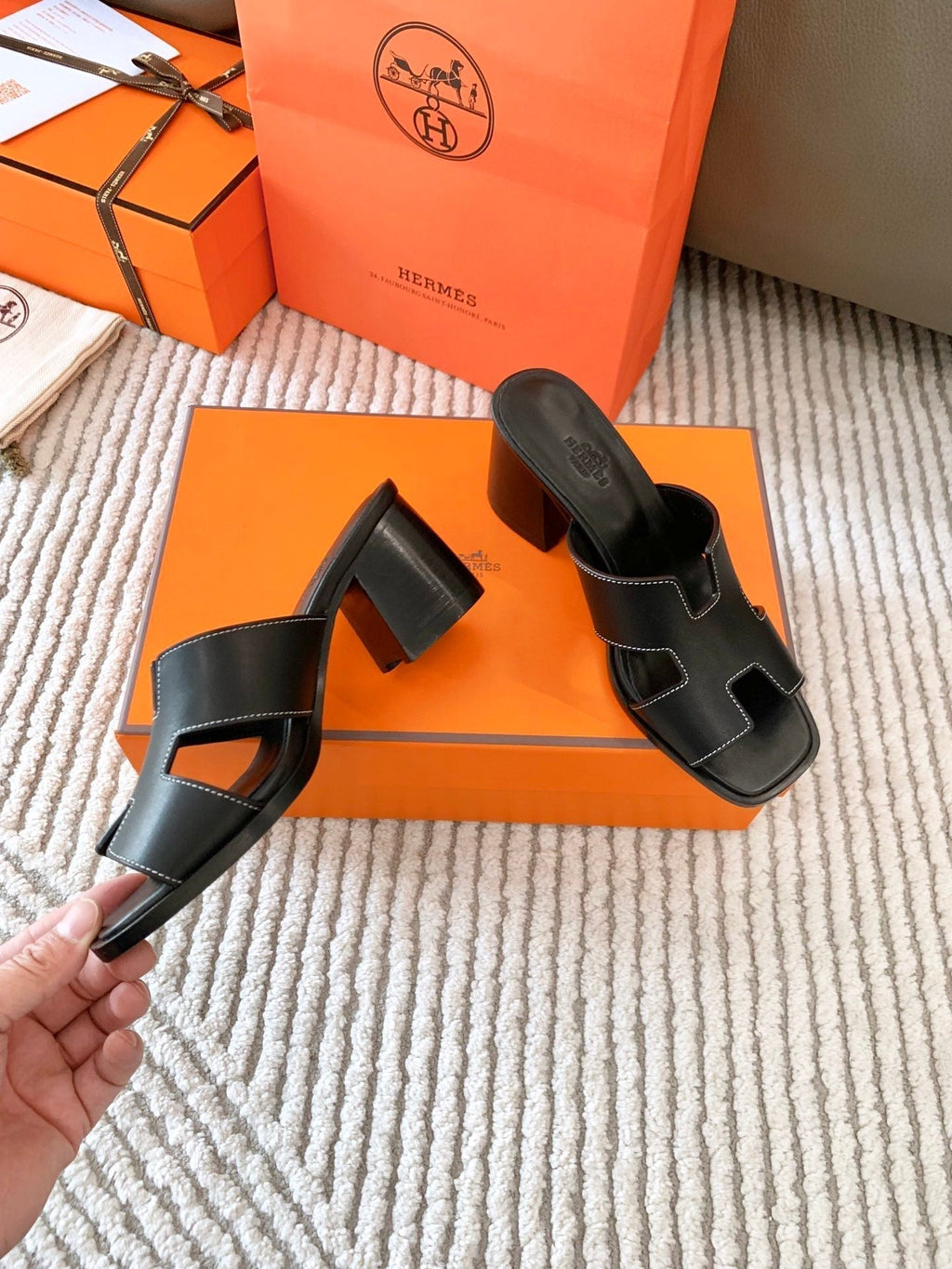 HERMES HELIA 60 SANDAL IN BLACK CALFSKIN