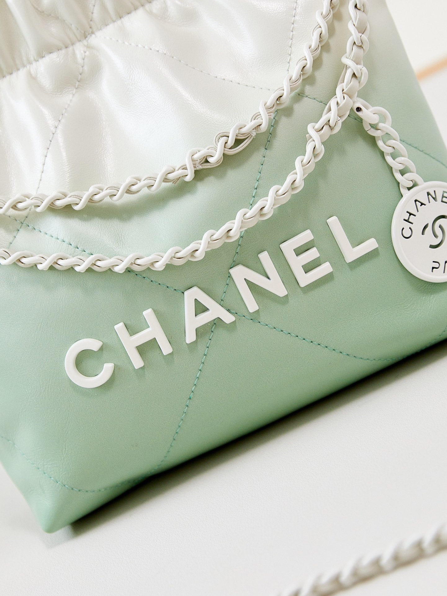 CHANEL MINI 20 HOBO BAG IN WHITE MIX LIGHT GREEN CALFSKIN