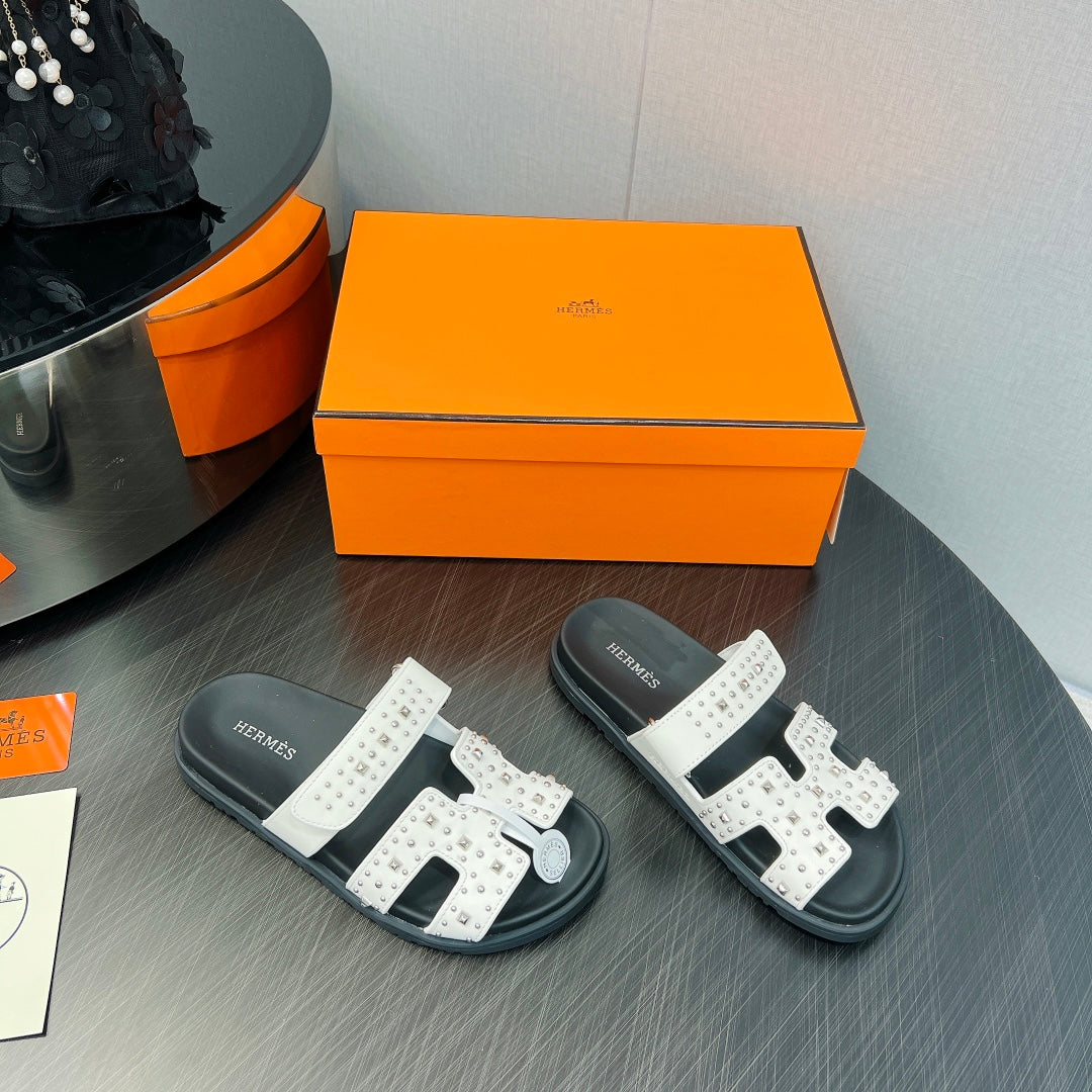 HERMES CHYPRE SANDAL WHITE MIX BLACK CALFSKIN SPECIAL