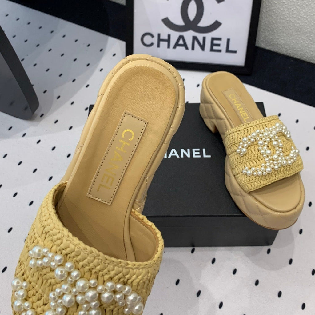 CHANEL Double  pearl platform sandals Sheepskin Fawn Yellow