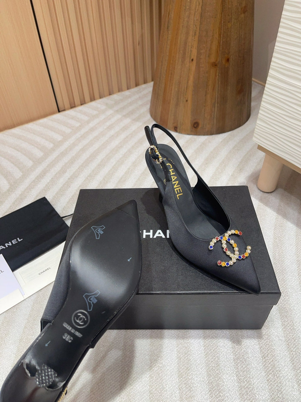CHANEL HIGH SLINGBACKS BLACK SATIN AND LAMBSKIN