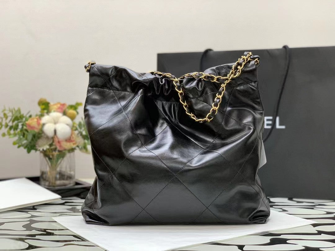 CHANEL HOBO BAG 22 BLACK LAMBSKIN GOLD HARDWARE