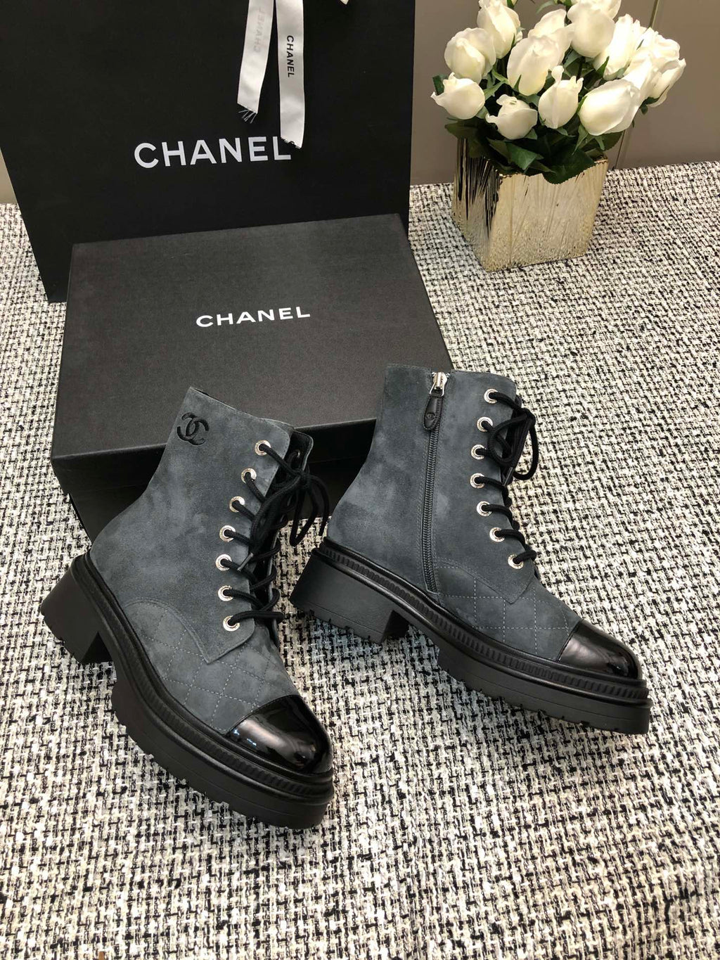 CHANEL SHORT BOOTS SLATE GREY SUEDE LAMBSKIN