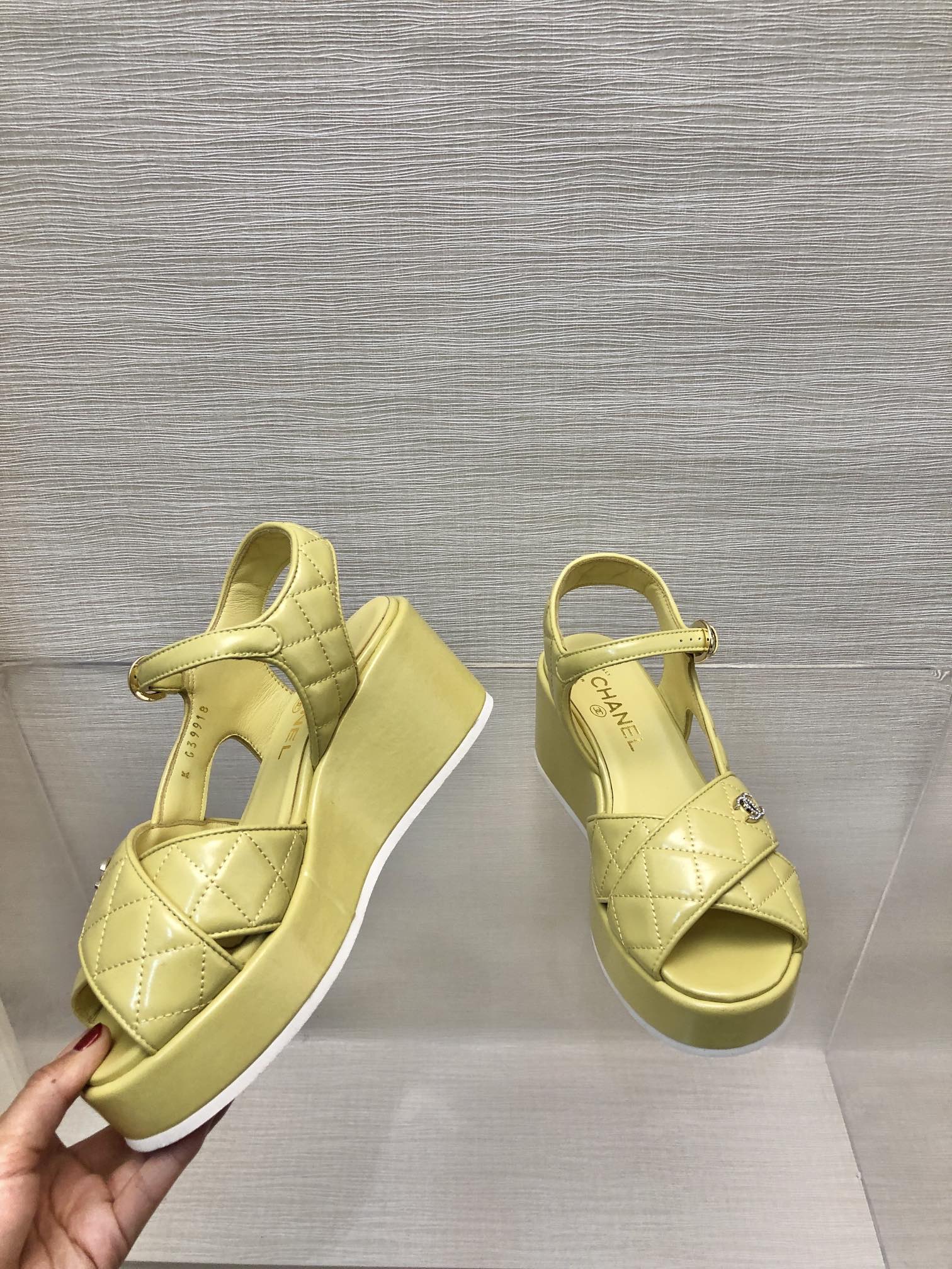 CHANEL WEDGE SANDALS IN YELLOW CREAM CALFSKIN