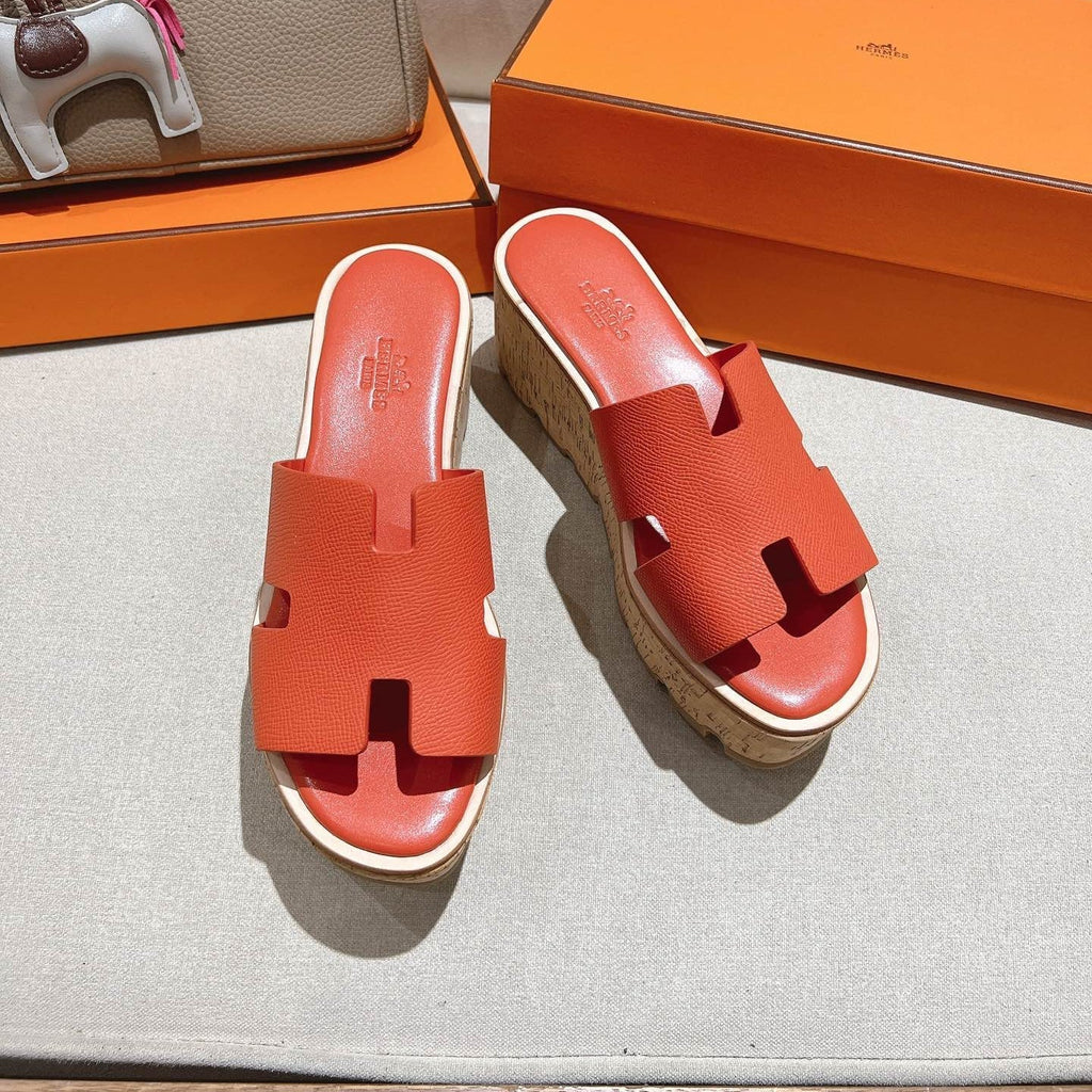 HERMES 25S HIGH WEDGE SANDALS IN DARK ORANGE LAMBSKIN STYLE 33