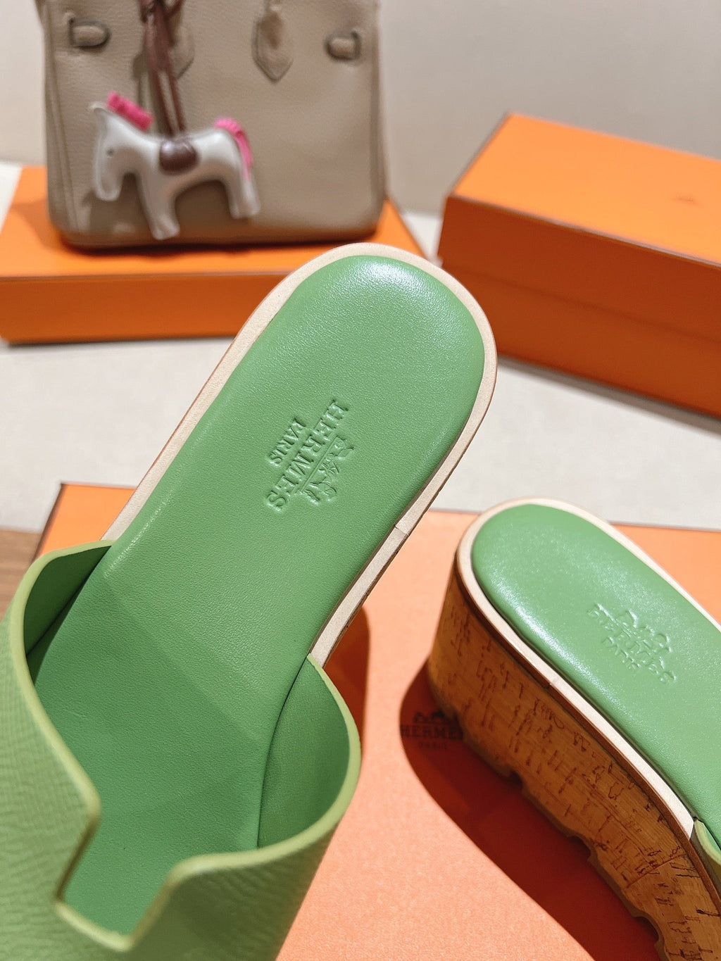 HERMES 25S HIGH WEDGE SANDALS IN LIGHT GREEN LAMBSKIN STYLE 1