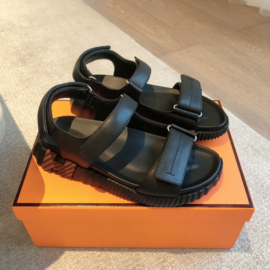 HERMES DAD SANDALS IN BLACK CALFSKIN AND RUBBER