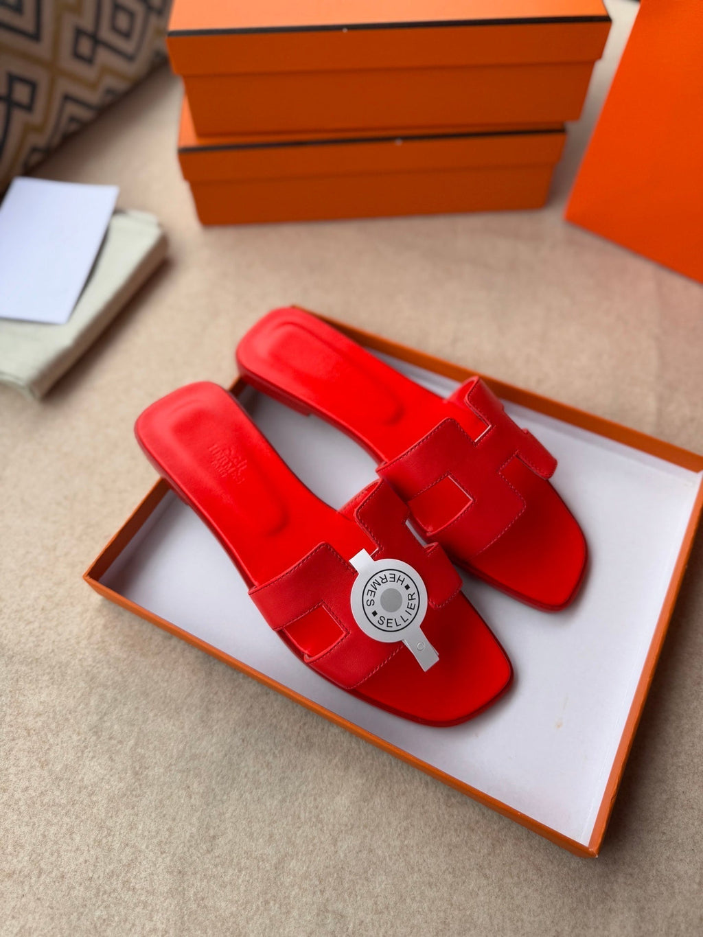 HERMES 0RAN SANDALS IN CHERRY RED CALFSKIN