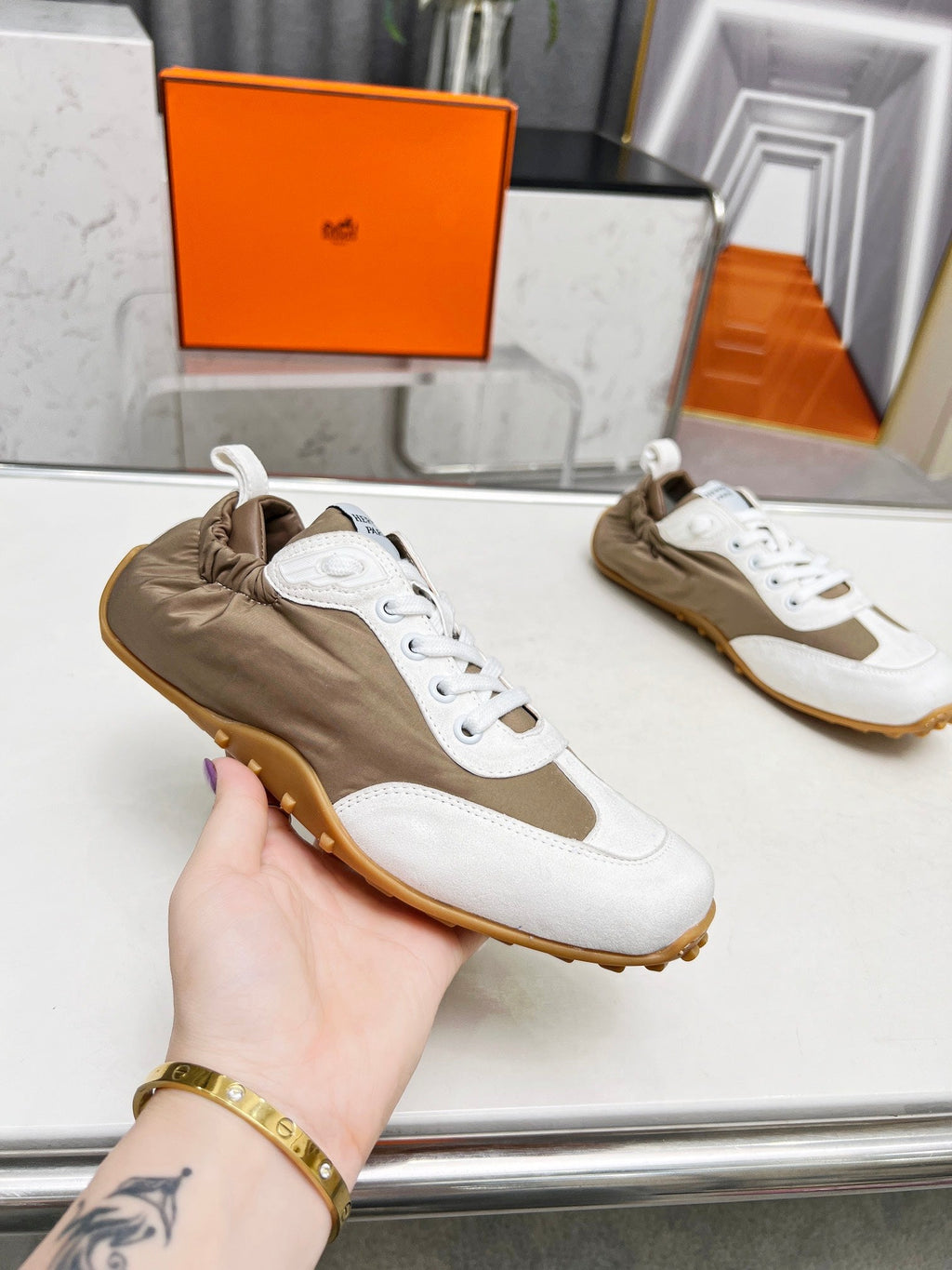 HERMES SKATEBOARD SHOES BROWN MIX WHITE SUEDE