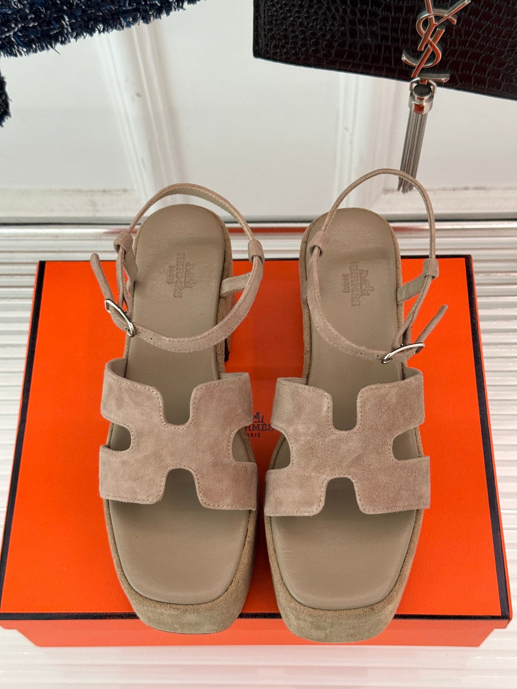 HERMES 25S JAM 30 HIGH-HEEL SANDAL IN TERRACOTTA BEIGE SUEDE