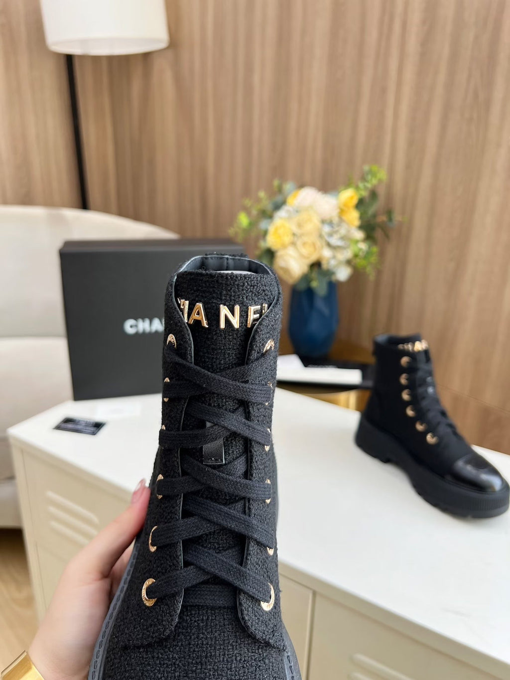 CHANEL SHORT BOOTS IN BLACK TWEED AND CALFSKIN