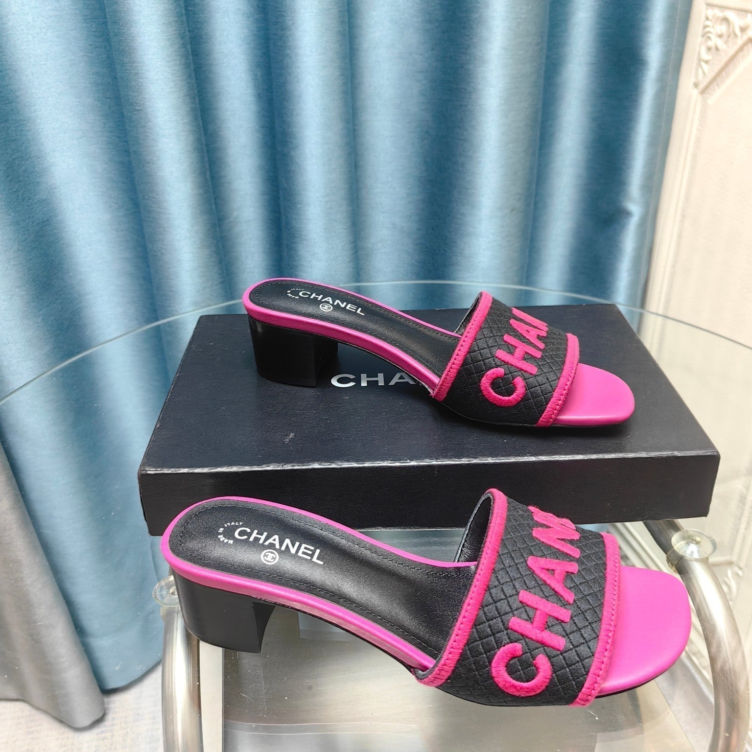 CHANEL MULE SANDAL 45 BLACK PINK FABRIC EMBROIDERY