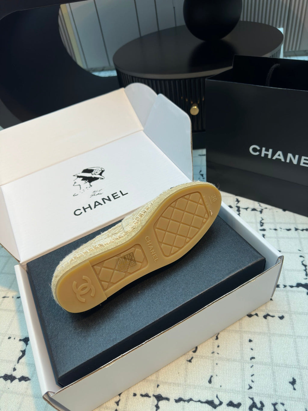 CHANEL ESPADRILLES LOAFERS IN BEIGE TWEED AND BLACK SATIN