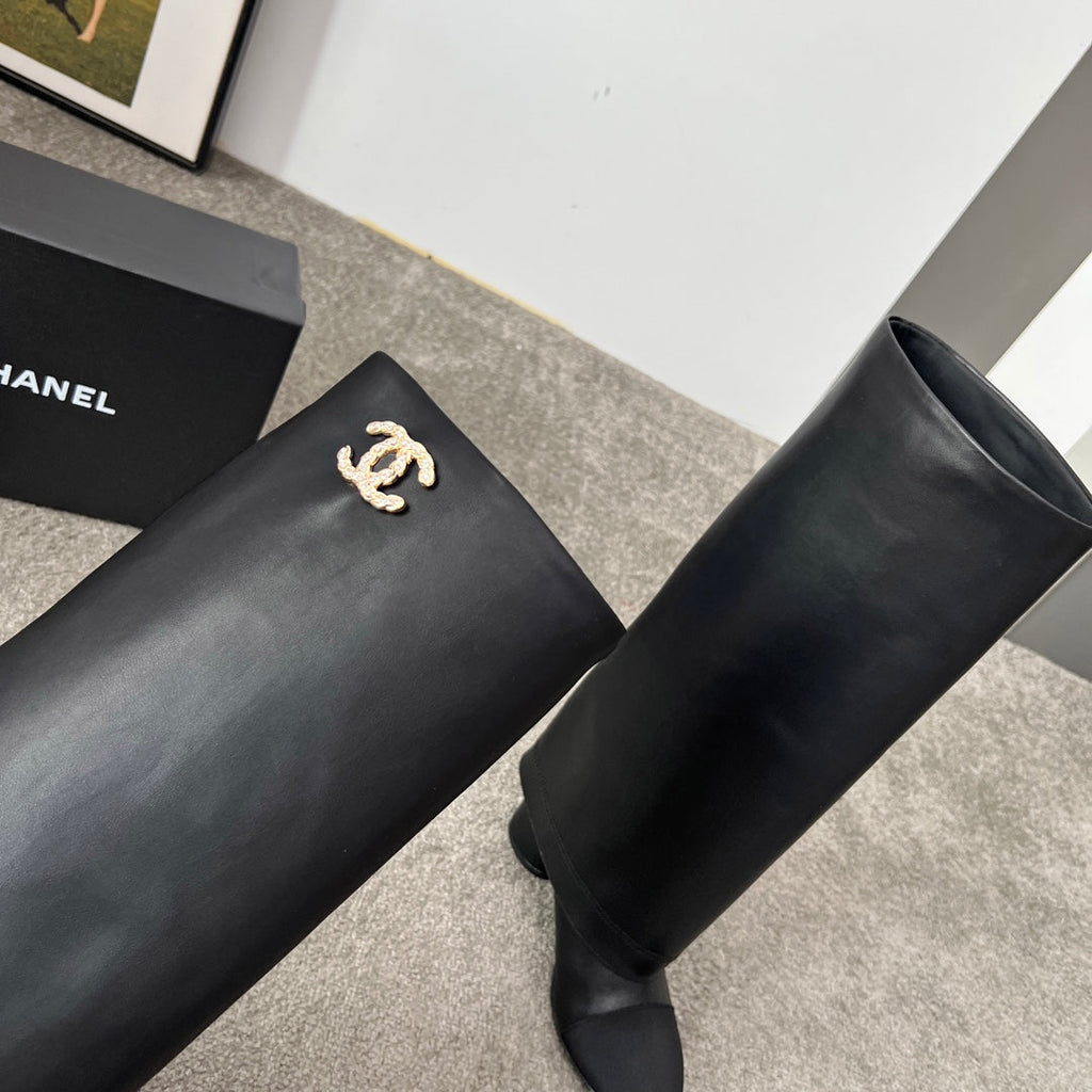 CHANEL 25S HIGH BOOTS 55MM IN BLACK CALFSKIN AND CANVAS GOLD HARDWARE