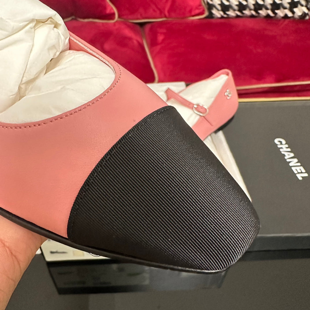 CHANEL MARY JANE HOT PINK CALFSKIN AND BLACK SATIN