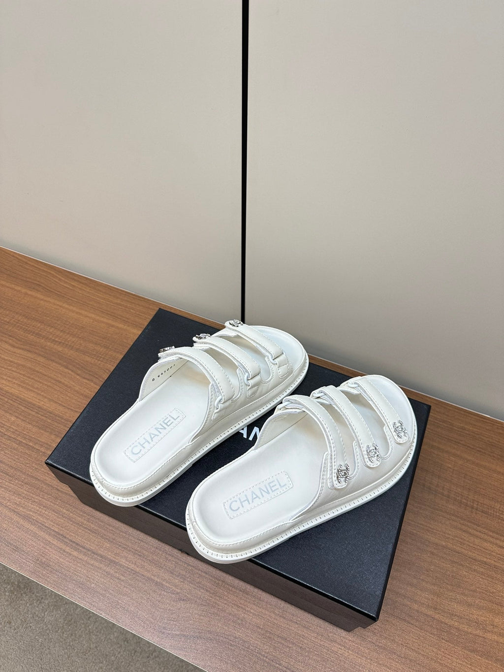 CHANEL dad sandals white 3 rows lambskin mules