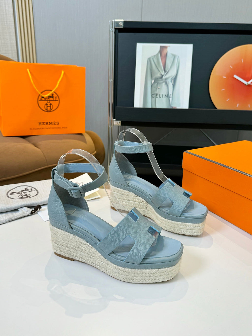 HERMES Elda espadrille 80 Baby Blue Epsom Calfskin