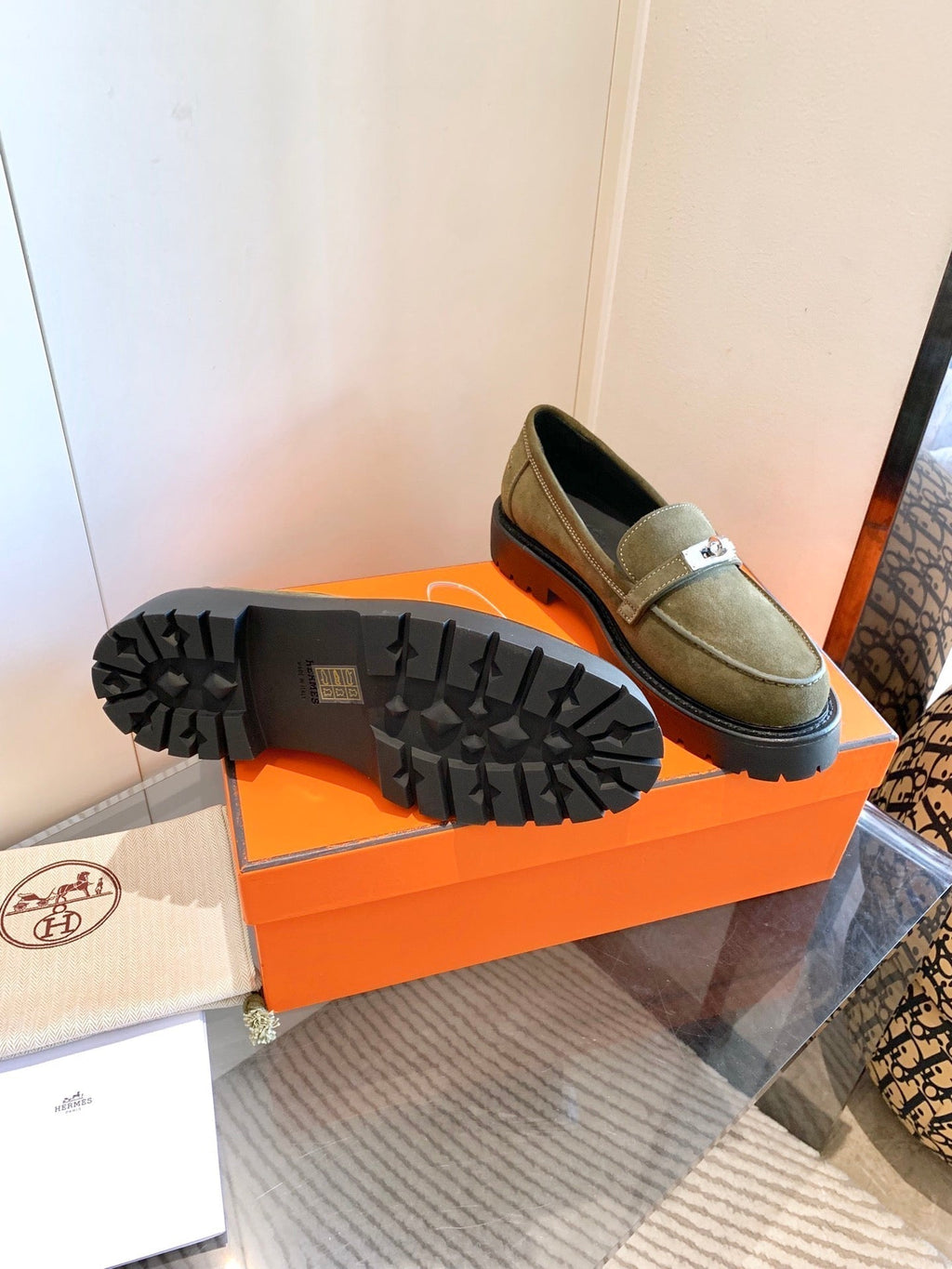 HERMES ICONE LOAFER IN ARMY GREEN SUEDE