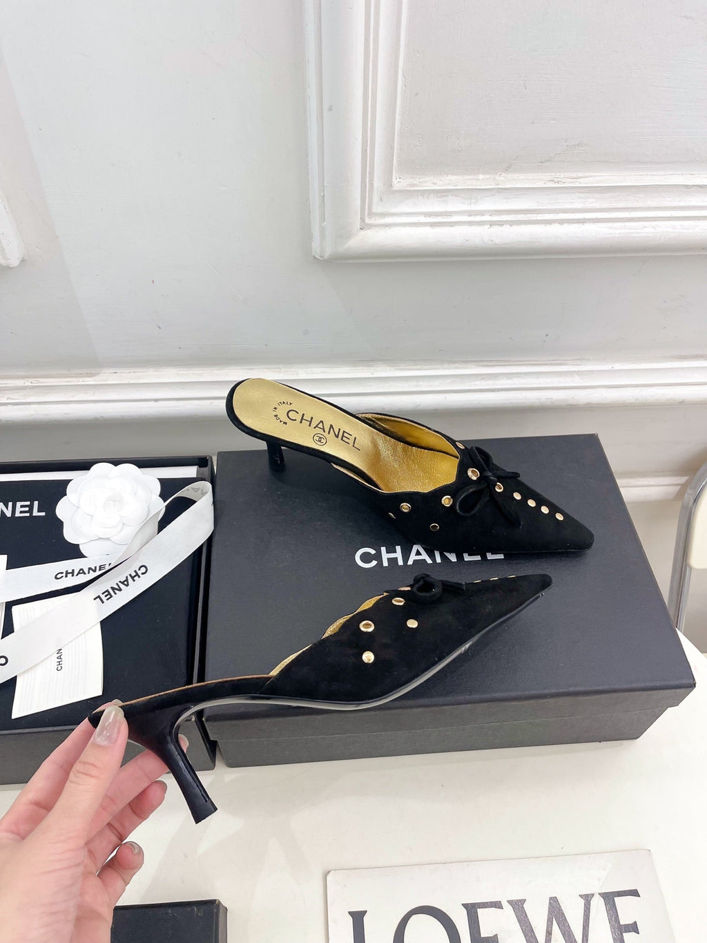 CHANEL HIGH 65 MM MULE IN BLACK SUEDE