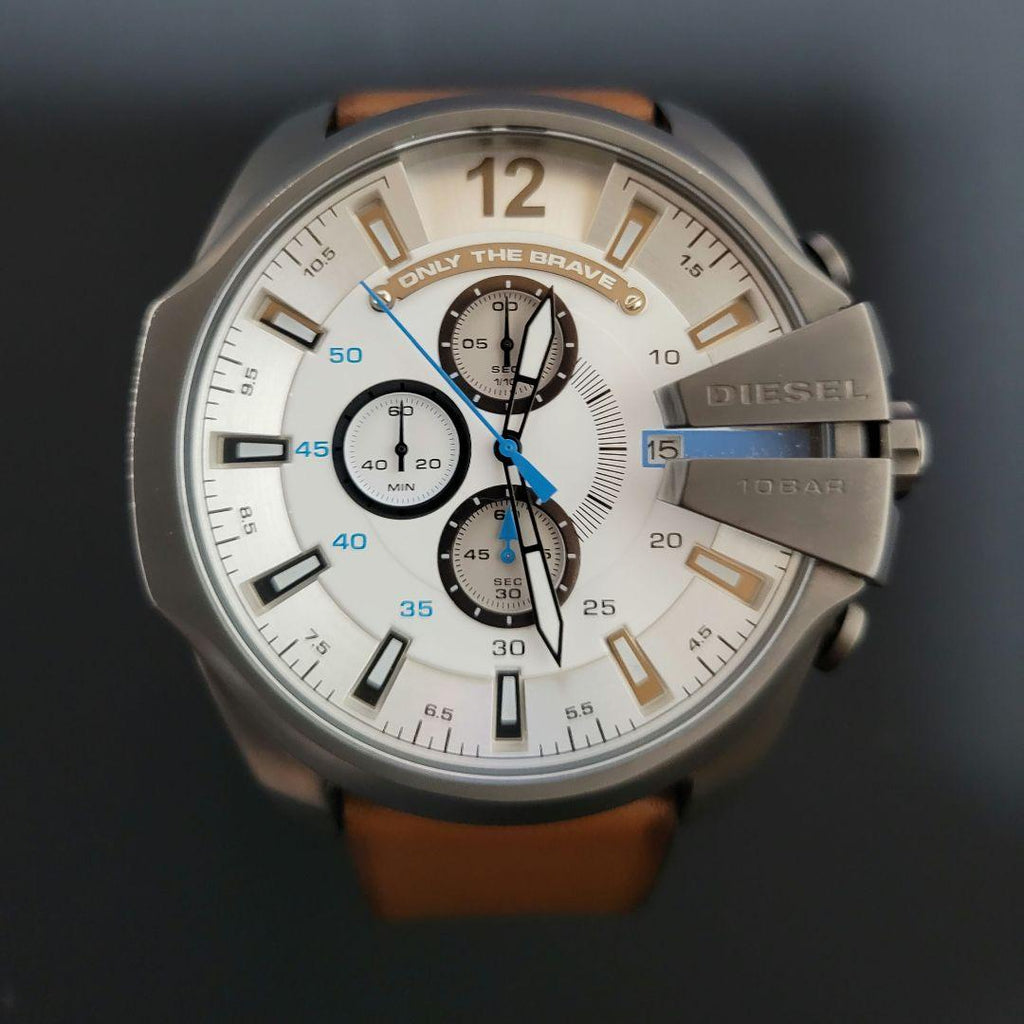 Diesel DZ4280 Mega Chief Chronograph Men's Watch – White Dial & Brown Leather Strap