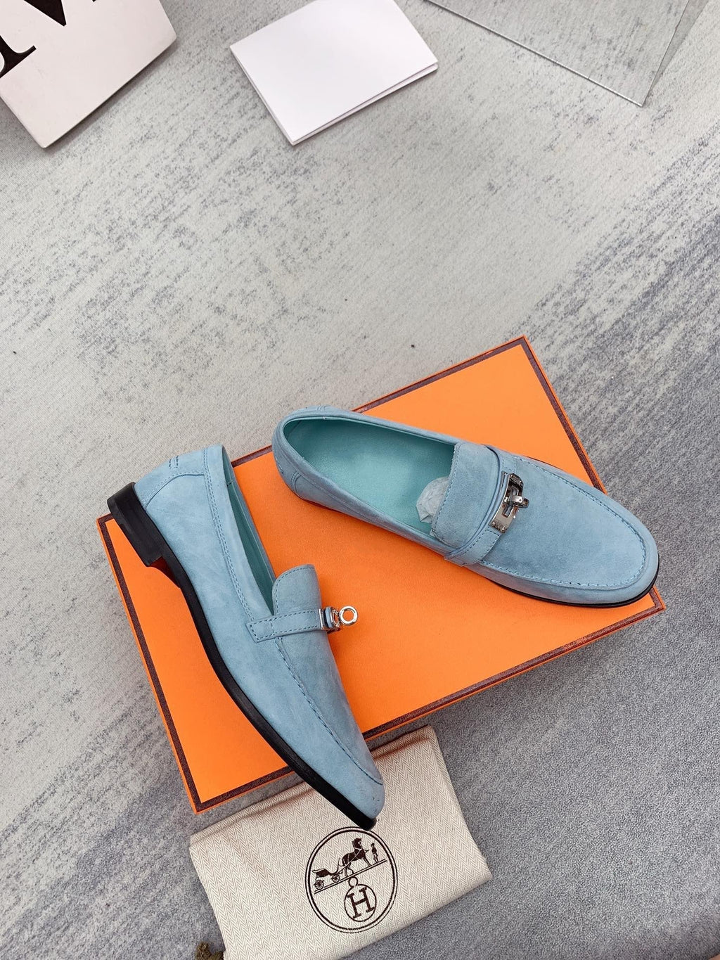 HERMES Destin Loafer Suede Light Blue